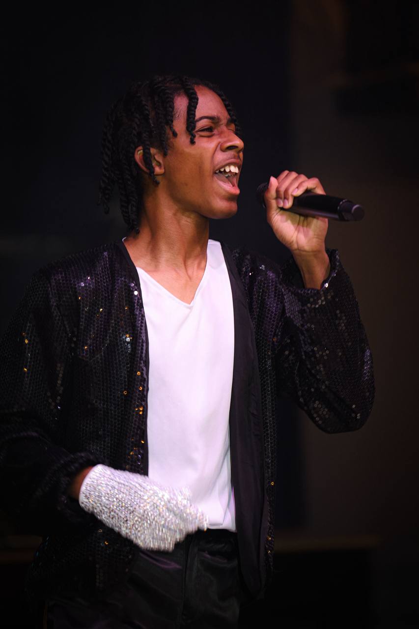 A singer performing on stage under the spotlight